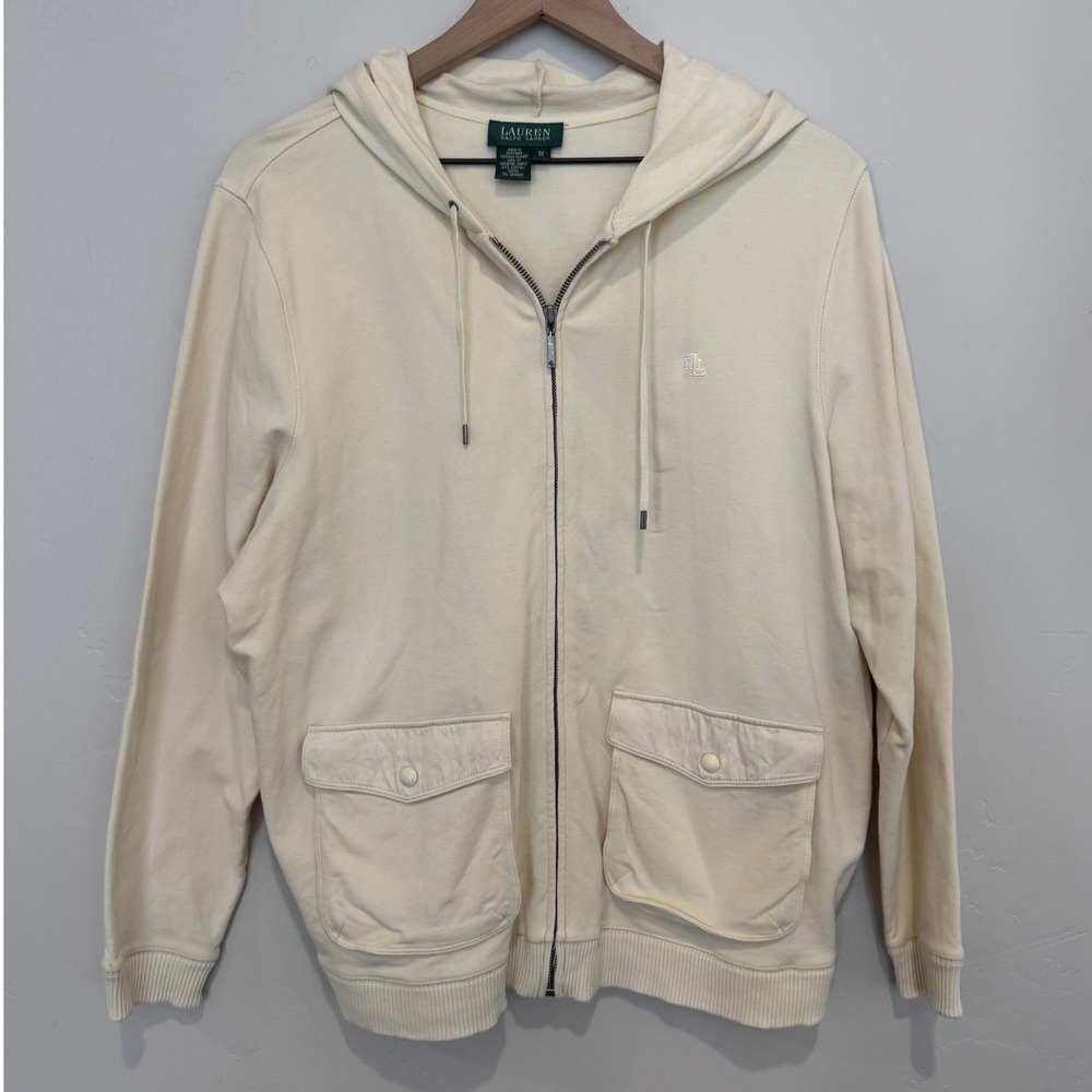 Lauren Ralph Lauren Cream Full Zip Up Hoodie Sweatshirt Minimalist Women 1X LRL